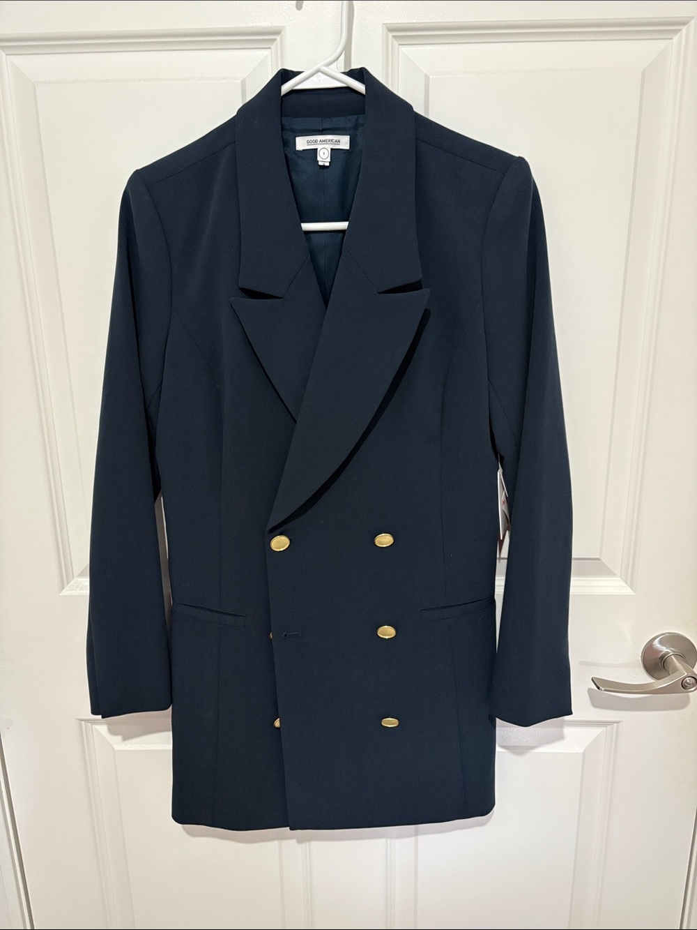 Good American Navy Double-Breasted Blazer Dress with Gold Buttons. NWT